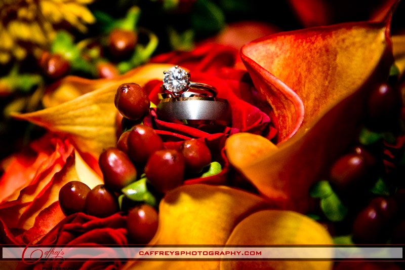 Sparkling diamond wedding rings at the wedding reception. 