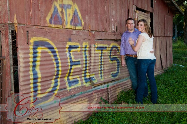 Attractive engaged couple at the Delts house at Texas State University.