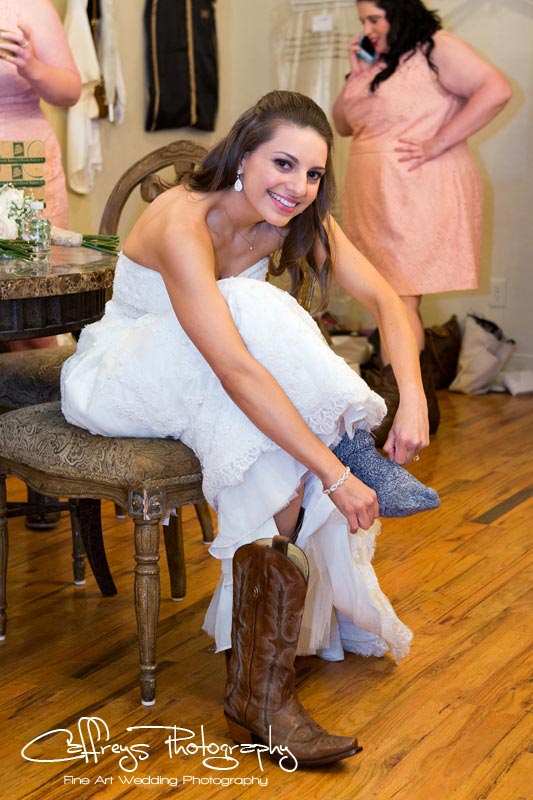 Pecan Springs Events Wedding Bride putting on boots